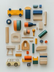 Aufkleber - a vibrant arrangement of various children's toys like blocks, cars, and dolls rests on a white surfa