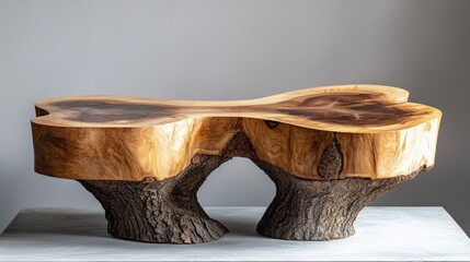 Fototapete - This wooden podium, shaped from a single tree log, features a stunning natural finish with intricate grain patterns, perfect for showcasing art or decorative objects in a stylish setting