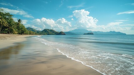 Poster - Golden sand stretches along the coastline where soft waves kiss the shore. Lush palm trees frame the scene, while distant mountains stand majestically against a vibrant blue sky