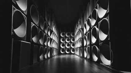 Dark room, many large speakers, symmetrical arrangement.