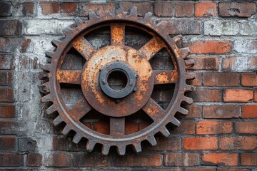 Leinwandbilder - Large rusty yellow gear hanging on a brick wall