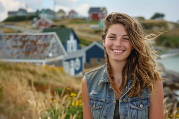 Wall Mural - Portrait of a grinning caucasian woman in her 20s wearing a rugged jean vest while standing against picturesque seaside village