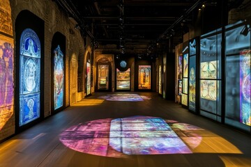 Illuminated panels display ancient artwork; evocative exhibit.