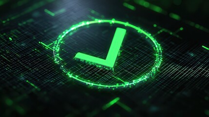 Poster - Digital Green Check Mark Symbolizing Completion in Futuristic Style for Applications and Designs