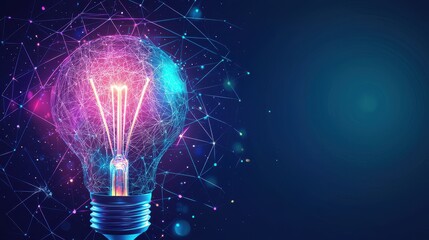 Poster - Glowing Light Bulb with Filament Inside and Abstract Background of Dazzling Connections