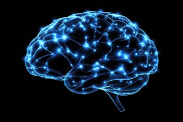 Leinwandbilder - A detailed view of a brain with stunning blue neural pathways glowing brightly against a dark background, highlighting neural connectivity. Generative AI