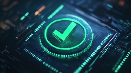 Poster - Green Check Mark Graphic on Digital Checklist Background with Futuristic Design