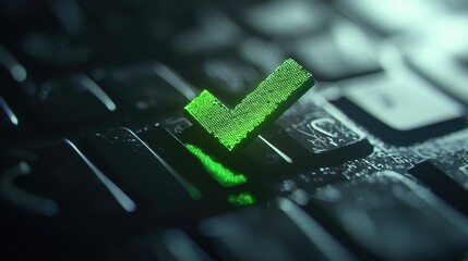 Poster - Green Check Mark Symbol on Digital Keyboard Surface in Modern Technology Concept