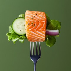 Fototapete - Close-up of fork with food on it: delicious fillet salmon, cucumber, onion, green salad on green background. Concept of healthy diet and clean eating, balanced nutrition space for text