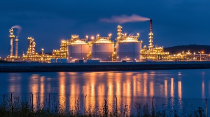 Fototapete - Gas and hydro energy stock facility at night industrial plant reflection urban environment scenic viewpoint energy concept