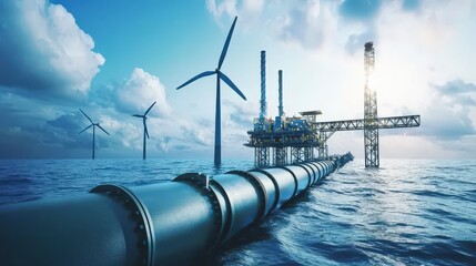 Poster - Energy production actionoffshore gas and wind turbines marine environment industrial concept for renewable future