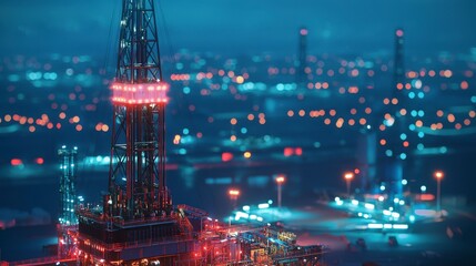 Poster - Oil infrastructure development urban landscape digital art night setting aerial view energy sector dynamics in focus