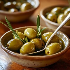 Aufkleber - Olives in bowls and spoon on wooden stand on white background, close up