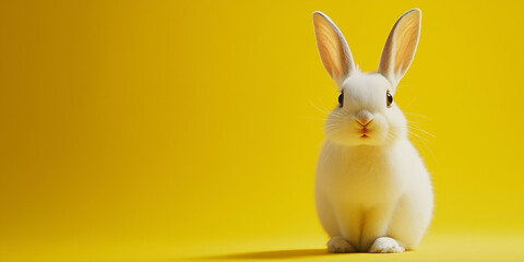 Cute white rabbit sits against a bright yellow background, showcasing its fluffy fur and expressive face during a sunny day