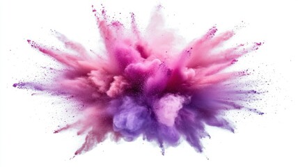 Poster - Pink and purple powder splash particles exploding, creating a vibrant cloud on a white background, perfect for various design projects Paint holi