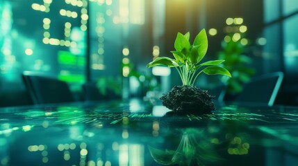 Poster - Sustainable energy growthgreen plants in urban office space business environment close-up view eco-friendly concept