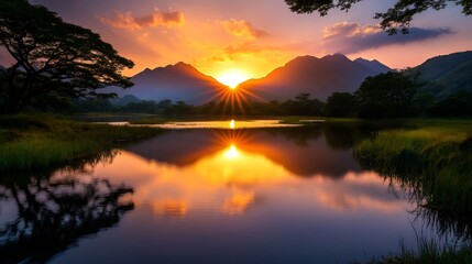 Canvas Print - Majestic Sunset over Serene Mountain Lake