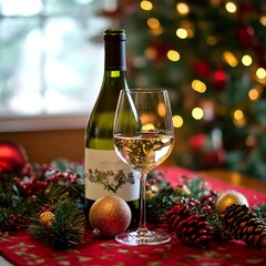Poster - white wine bottle on a christmas holiday festive party table with wine a glass on red and gold shiny decoration