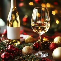 Poster - white wine bottle on a christmas holiday festive party table with wine a glass on red and gold shiny decoration