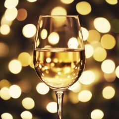 Leinwandbilder - White wine in glass against blurred Christmas lights, space for text. Bokeh effect