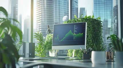Aufkleber - Green energy stock dividend insights in urban office data visualization bright environment corporate viewpoint