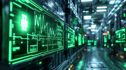 Poster - Futuristic green energy data centers renewable electricity networks and digital screens in a technical perspective