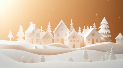 Poster - Delicate paper-cut village features charming houses and trees surrounded by a tranquil winter landscape, illuminated by golden light. Generative AI