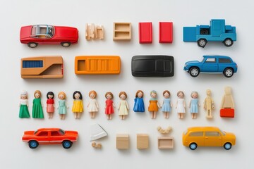 Aufkleber - Brightly colored children's toys including toy cars, dolls, and blocks arranged neatly on a white background, providing space for additional text. Generative AI