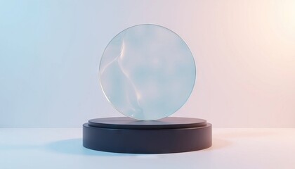 Poster - Minimalist pastel podium with soft pink and blue lighting, holographic empty showcase platform for product display