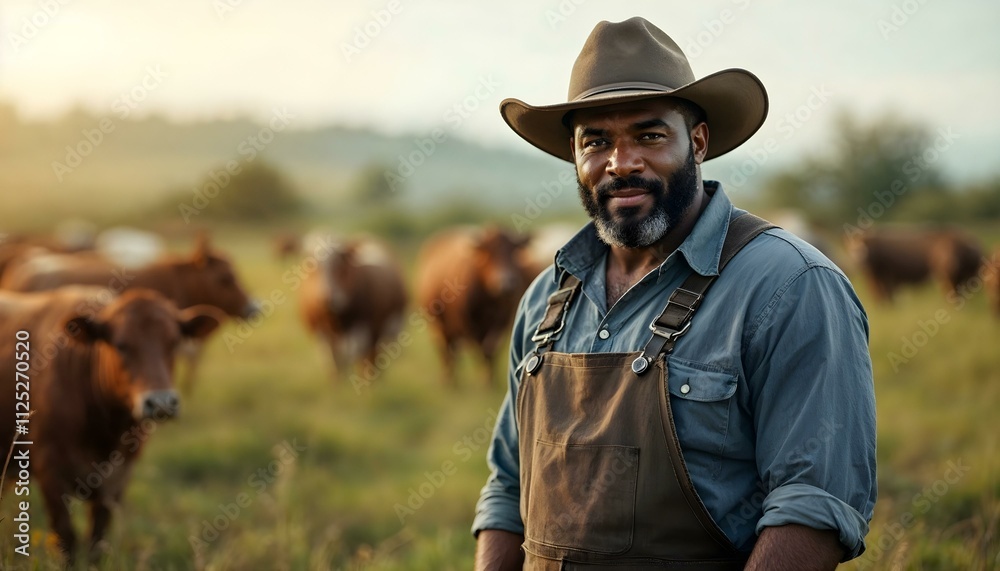 Burly handsome black bearded farmer rancher cowboy man in a field with ...