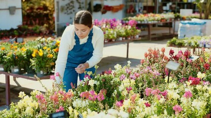 Wall Mural - Young female saleswoman in uniform holding pot of snapdragons in flower shop