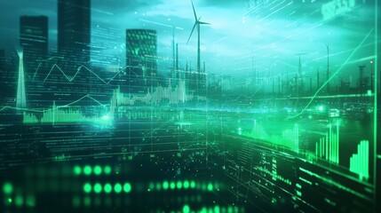 Aufkleber - Futuristic urban landscape analyzing green energy stock market trends for investment insights