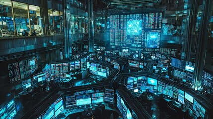 Aufkleber - Energy stock market trading event inside a trading floor with high-tech displays and data streams for financial analysis