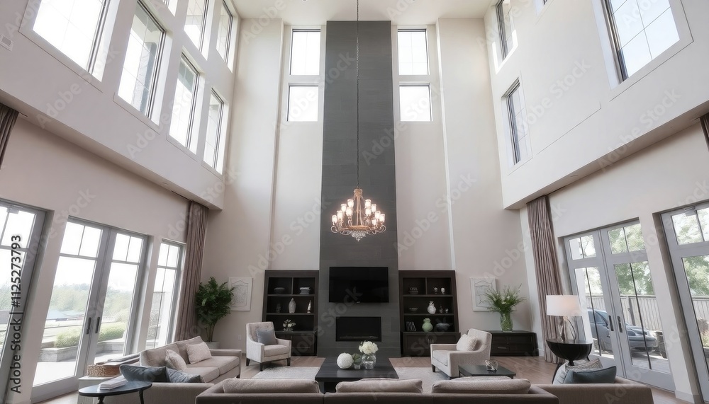 High ceiling living room design with dramatic vertical space, tall ...
