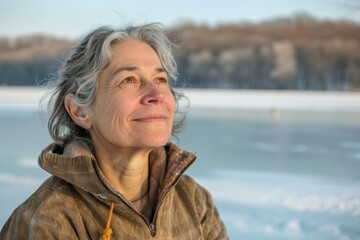 Wall Mural - Portrait of a blissful woman in her 50s wearing a zip-up fleece hoodie in front of backdrop of a frozen winter lake