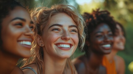 Poster - A group of young women enjoy a sunny afternoon in a park. They are laughing and smiling at each other, capturing the essence of friendship and happiness in a natural setting.