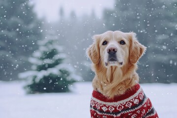 Poster - A cheerful dog sits in front of a wintry backdrop, wearing a cozy sweater as snowflakes fall gently around it. Generative AI