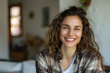 Canvas Print - Portrait of a happy woman in her 30s wearing a comfy flannel shirt on serene meditation room