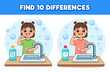 © KRISTAL.VECTOR - Find 10 differences on the topic of hygiene. Girl brushing teeth, standing near sink with tap. There is mouthwash on table. Cute cartoon illustration, Isolated.