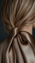 Poster - Silky strands of hair are beautifully styled into a sleek ponytail, tied with a sumptuous ribbon in the trendy Mocha Mousse color, enhancing the model's graceful look