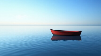 Aufkleber - A vibrant red boat floats on tranquil waters, reflecting the clear sky above, offering a perfect backdrop for personalized messages. Generative AI