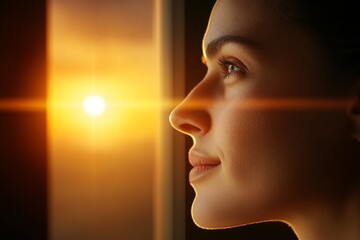 Poster - Woman gazing out a window at a sunset, capturing a moment of reflection and tranquility