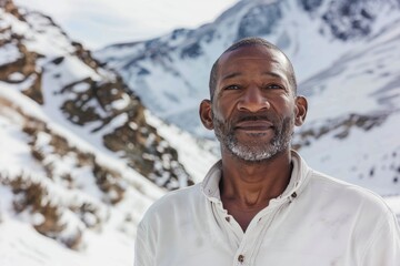 Wall Mural - Portrait of a content afro-american man in his 40s wearing a simple cotton shirt in pristine snowy mountain