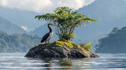 Poster - A bird sitting on top of a small island in the middle of a lake