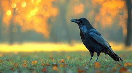 Poster - A black bird standing on top of a lush green field