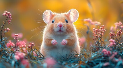 Poster - A small hamster sitting in a field of flowers