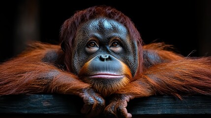 Wall Mural - A baby orangutan sitting on top of a wooden fence