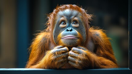 Wall Mural - A baby orangutan sitting on top of a window sill