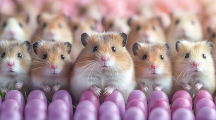 Poster - A group of hamsters sitting on top of a pile of pink eggs