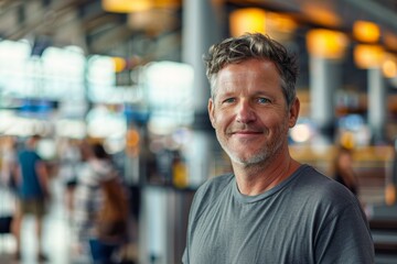 Sticker - Portrait of a blissful man in his 40s dressed in a casual t-shirt isolated on bustling airport terminal